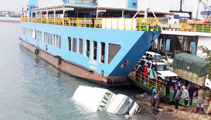 The truck was transporting wheat and maize flour to Kwale County when it plunged into the ocean at Likoni channel. [PHOTO | COURTESY]