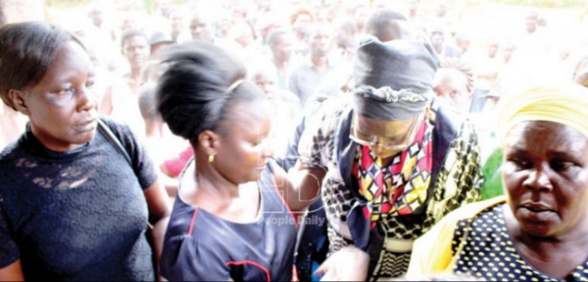 Kibra MP Ken Okoth’s mother Angeline Ajwang’ when she arrived her home at Ogenga village in Kabondo Kasipul constituency after a week long stay in Nairobi on Sunday.