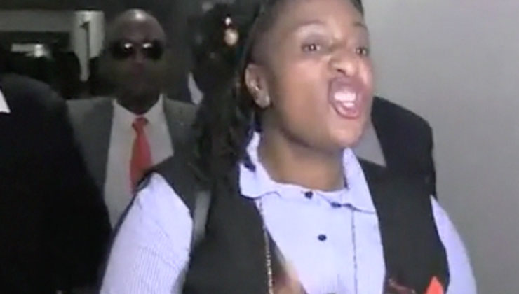 Private investigator Jane Mugo was, on Wednesday, pictured displaying defiant hand gestures on camera as she exited the courtroom. [PHOTO | K24 DIGITAL]