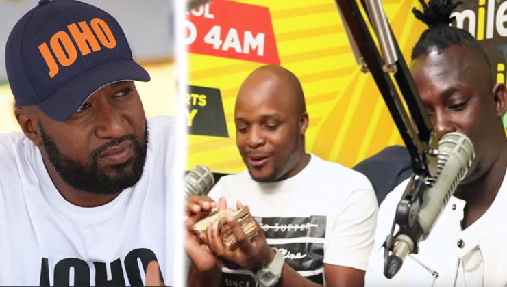 Susumila, who was the guest on Milele FM’s Alex and Jalas morning show on Friday, January 17, handed the money over to Jalang’o. [PHOTO | K24 DIGITAL]