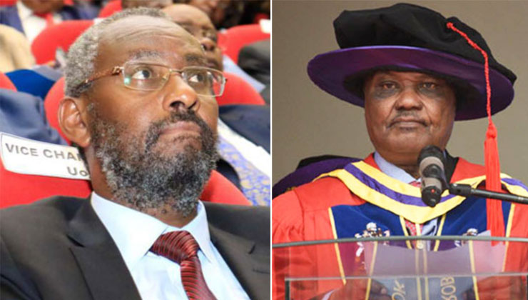 The struggle for UoN's top seat was put aside during the induction of 1st-year students as Mbeche (R) took a back seat and let Kiama (L) take charge. [PHOTO | K24 DIGITAL]