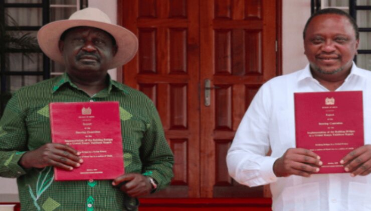 President Uhuru Kenyatta and ODM leader Raila Odinga posing for a picture after receiving the BBI report in October 2020. [PHOTO | FILE]