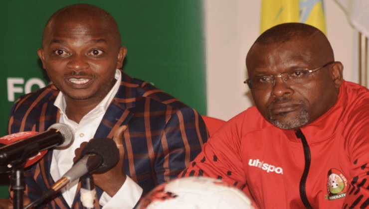 FKF boss Nick Mwendwa (L) and Harambee Stars head coach Jacob Mulee (R). [PHOTO | FILE]