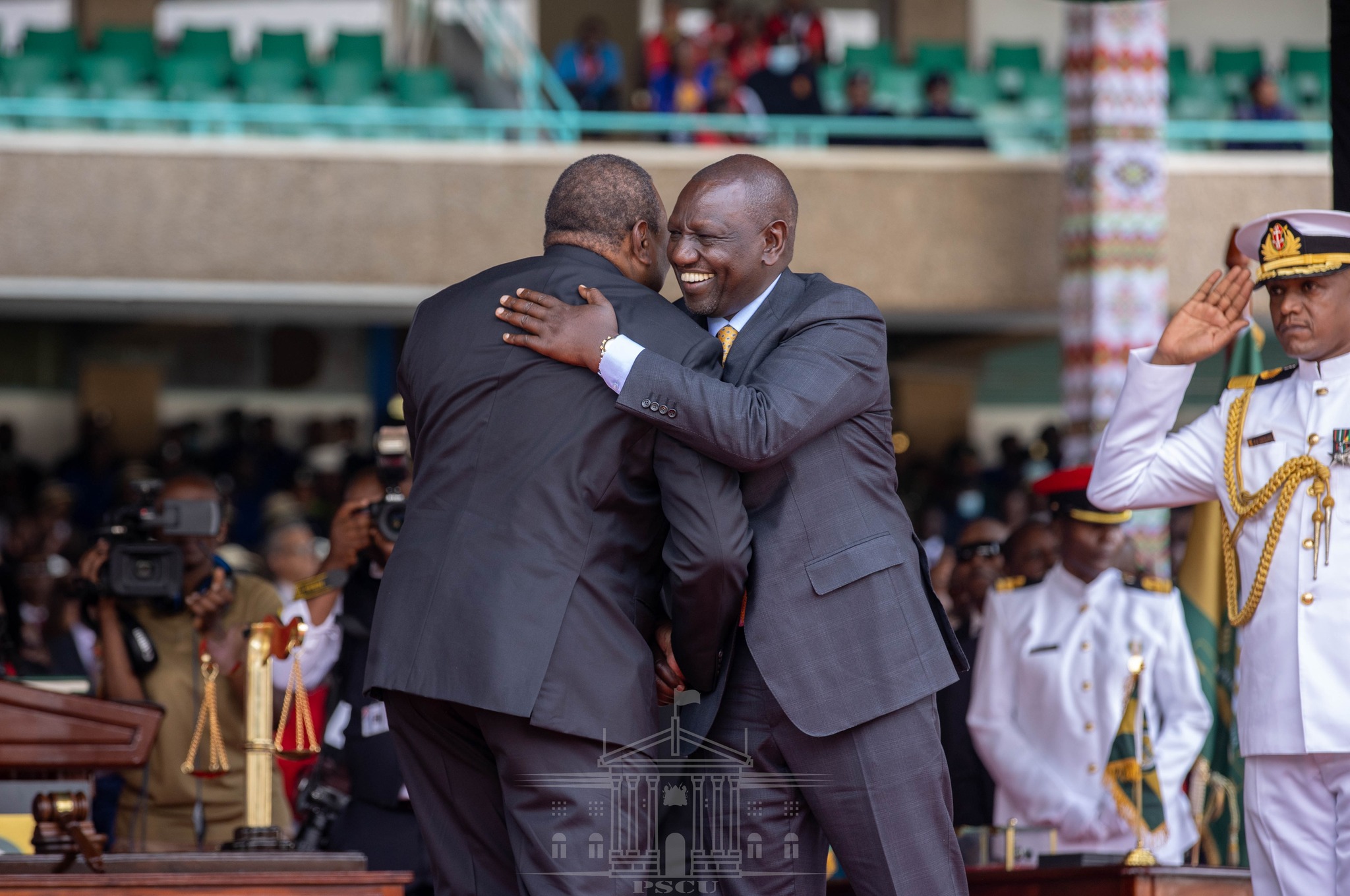 Former President Uhuru Kenyatta with the new President and former Deputy President, Dr. William Sameoi Ruto during Ruto's inauguration ceremony. PHOTO: PSCU