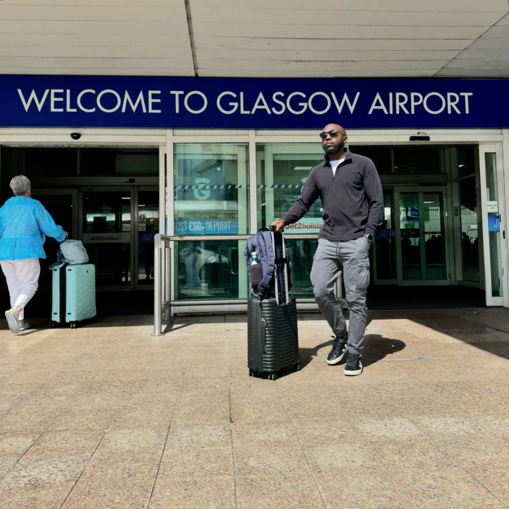 Larry Madowo at Glasgow Airport. PHOTO/@larrymadowo/ Instagram