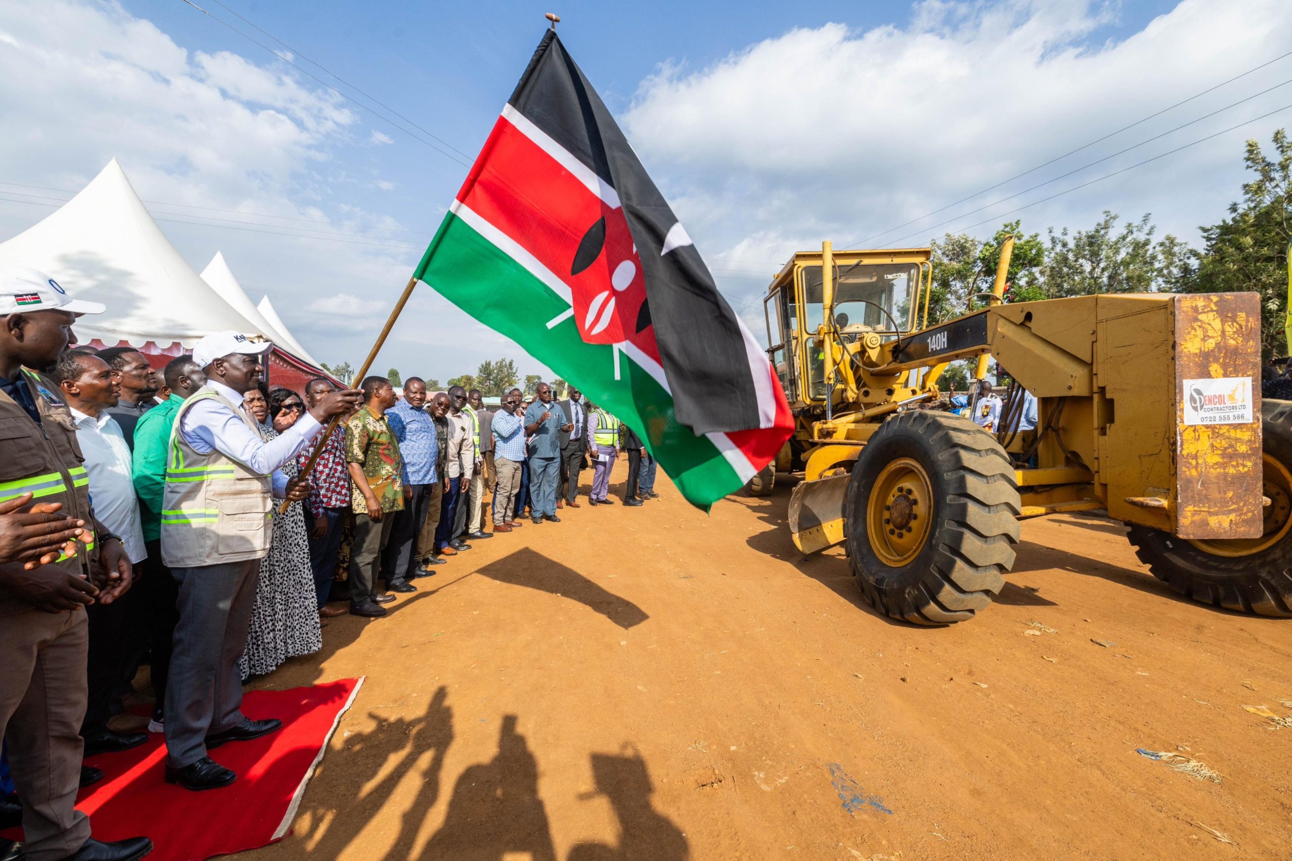 President William Ruto during the launch of the tarmacking of the Mayanja-Bisunu-Sirisia, Mukhweya-Musese and Mukhweya-Kimukung roads in Kabuchai, Bungoma County. PHOTO/@WilliamsRuto/X.