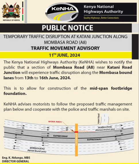 A screenshot of the statement by KeNHA on the planned disruptions on Mombasa Road. PHOTO/@KeNHAKenya/X