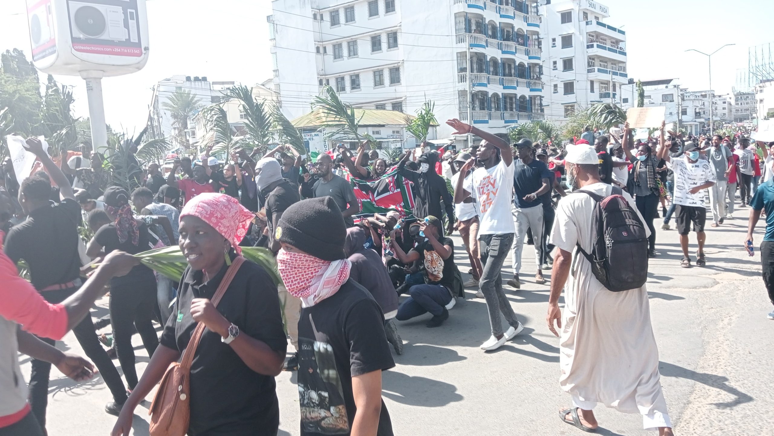Protests in Mombasa on June 25, 2024. Court orders bar the police from using excessive force, including teargas and water canons. PHOTO/Reuben Mwambingu