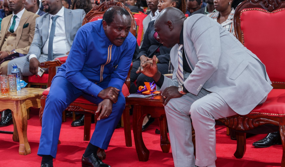 Wiper Party Leader Kalonzo Musyoka and Deputy President Rigathi Gachagua during the consecration of Bishop Elect Benson Gathungu alias Kiengei. PHOTO/@PloSigei/X