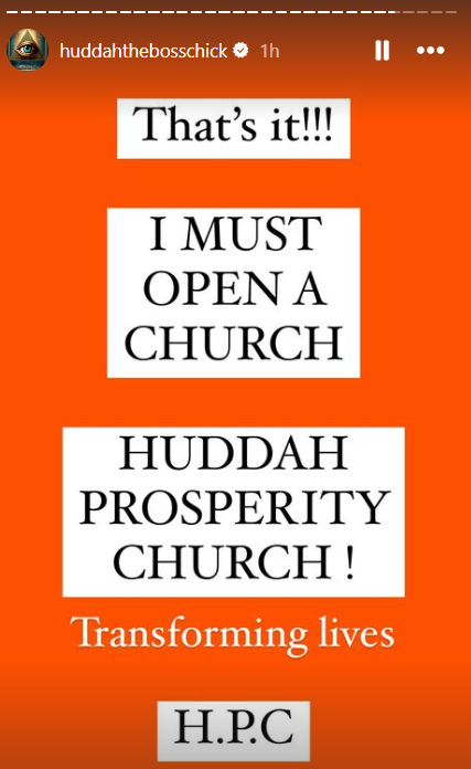 Huddah on opening her church. PHOTO/@huddahthebosschick/Instagram