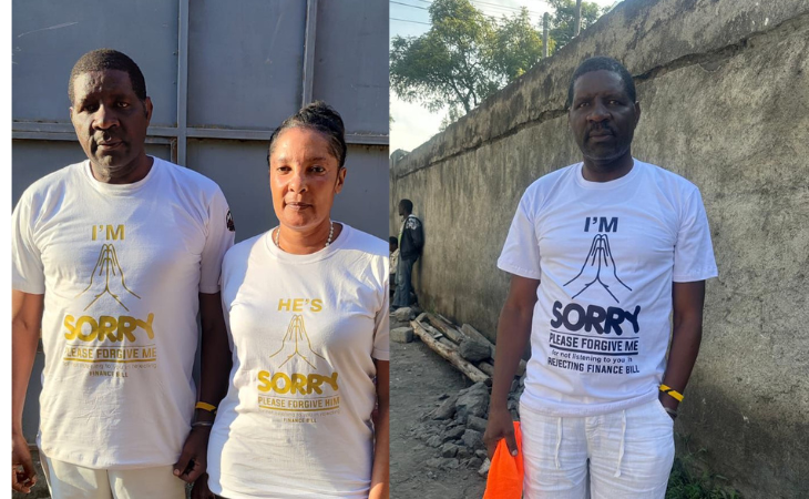 Nakuru Town East MP David Gikaria and his wife in matchy apology tshirts. PHOTO/K24 Digital