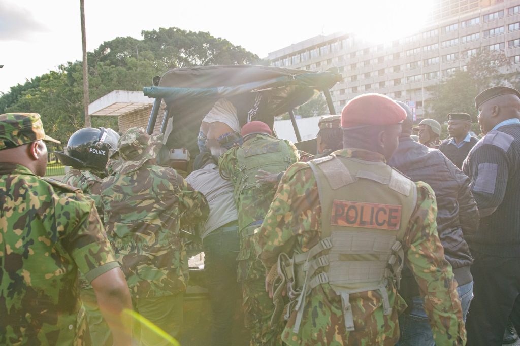 Police officers in action on June 18, 2024, during demos against the Finance Bill 2024. PHOTO/(@bonifacemwangi)/X