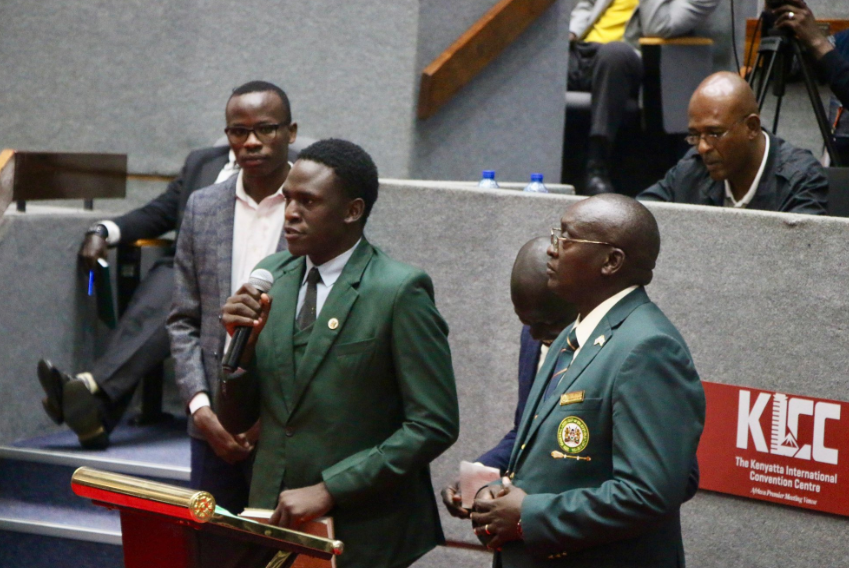 University of Nairobi student Edwin Kamau gives his take on the motor vehicle tax peoposal at the Kenyatta International Convention Centre (KICC) on Monday, June 10, 2024. PHOTO/@NACommitteeKE/X