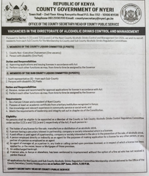 A vacancy announcement by Nyeri County government. PHOTO/@GovernorKahiga/X