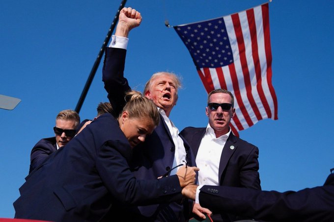 Donald Trump was rushed off stage after gunshots erupted at a rally in Pennsylvania. PHOTO/@DonaldJTrumpJr/X