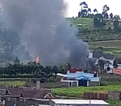 Kuria Kimani's home torched during the anti-government protests. PHOTO/Screengrab by K24 Digital