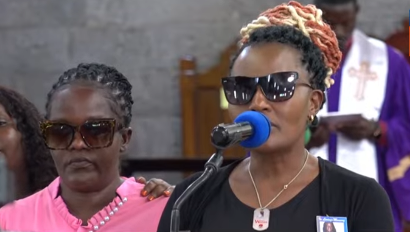 Gillian Munyao and Rex's Auntie during Masai's requiem service. PHOTO/ Screengrab by K24 Digital/ YouTube