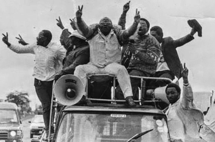 Opposition leaders leading Saba Saba protests against the government in the early 1990s. PHOTO/@african_stream/X