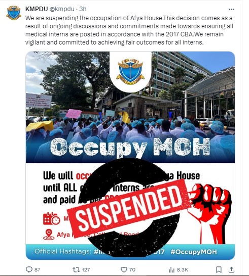 A screenshot of the KMPDU post that has since been deleted. PHOTO/Screenshot by K24 Digital