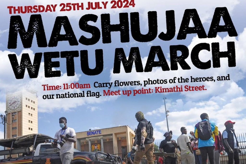 Poster for Mashujaa Wetu March set to occur on Thursday, July 25, 2024. PHOTO/@bonifacemwangi/Instagram