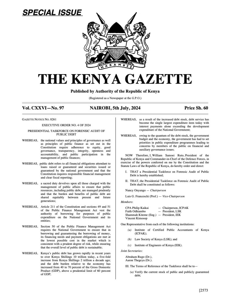 Gazette notice for Ruto appointing 8-member team to audit public debt. PHOTO/K24 Digital