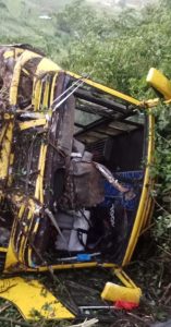 The wreckage of Olasiti Boarding primary school bus which was involved in accident at Kimwani in Nandi county. PHOTO/Isaiah Cheruiyot.