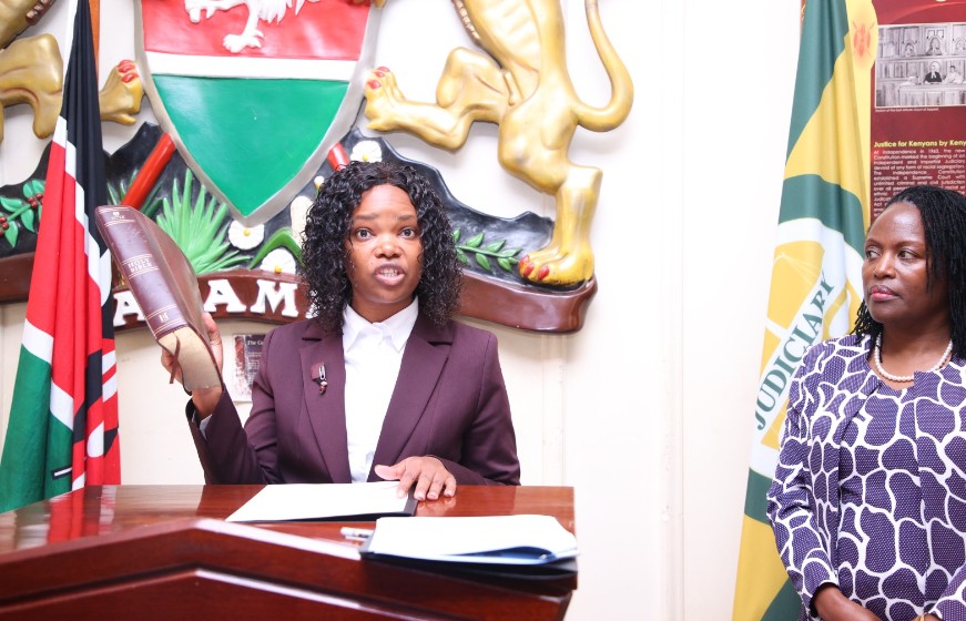 CJ Koome heaps praises after swearing young PhD holder as NGEC CEO