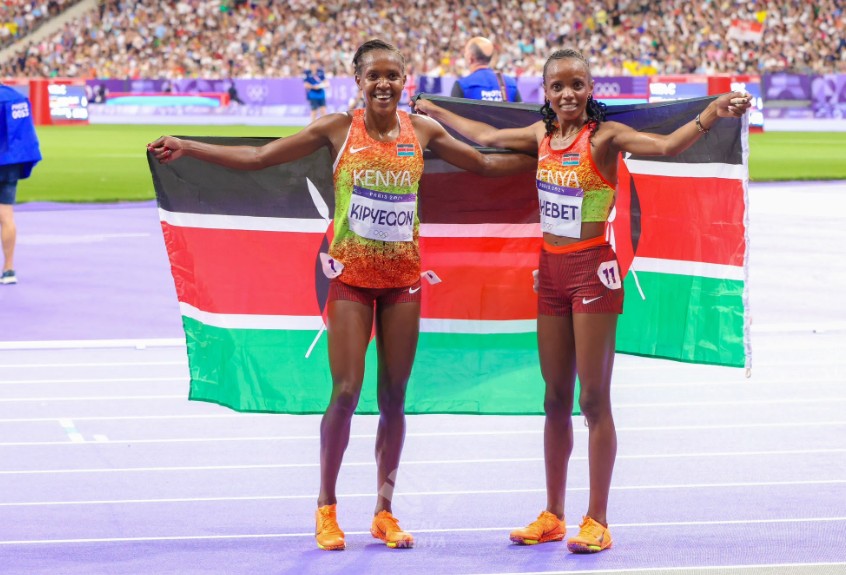 Faith Kipyegon o join Beatrice Chebet at the women's 5,000m medal ceremony following a successful appeal against her disqualification. PHOTO/@@WilliamsRuto/X