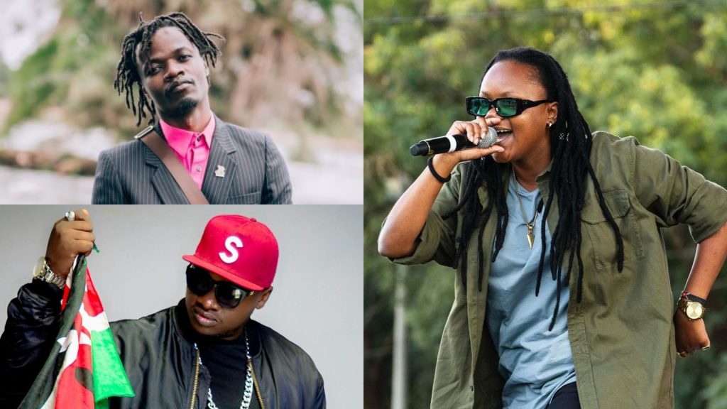 A collage of Juliani, Khaligraph Jones and Fena Gitu. PHOTO/@julianikenya,@khaligraphjones,@fenagitu/Instagram