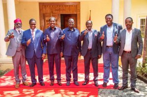 Azimio la Umoja-One Kenya coalition principals Raila Odinga, Kalonzo Musyoka, Eugene Wamalwa, and Wajackoya iin a group photo. PHOTO/@AzimioTv/XC