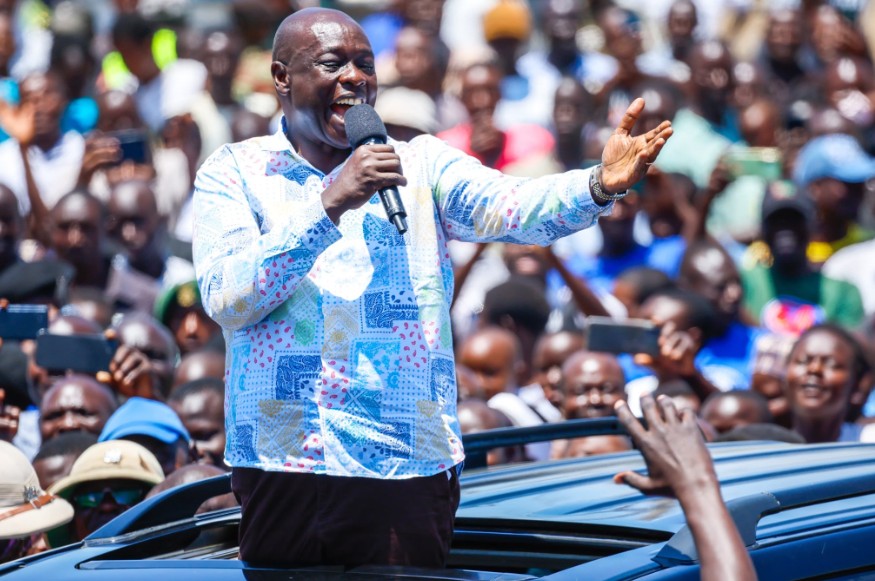 Deputy President Rigathi Gachagua addressing residents in Homa Bay during President Ruto's four-day tour in the region. PHOTO/@rigathi/X