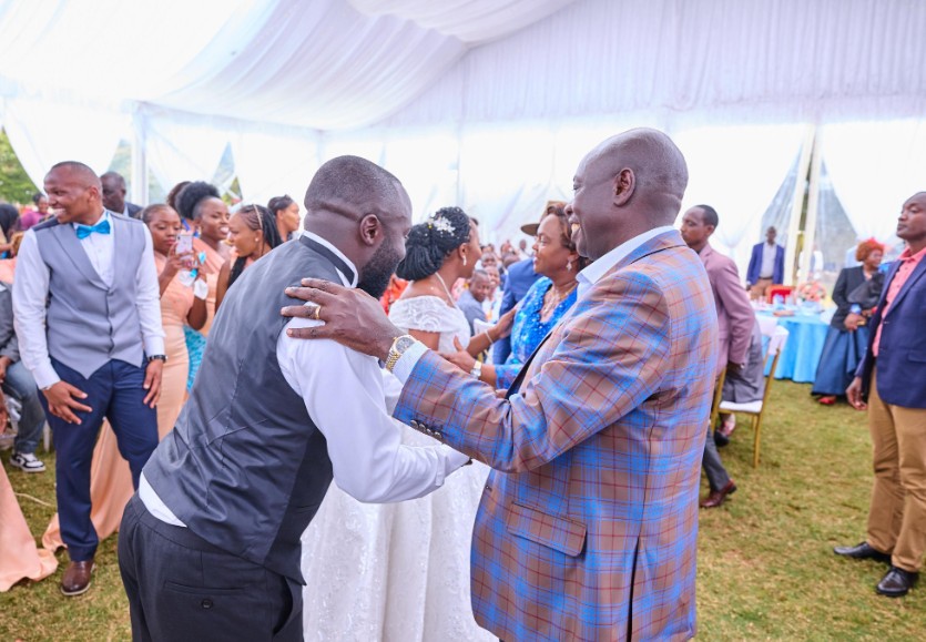 Deputy President Rigathi Gachagua and his spouse Pastor Dorcas engaging the newlyweds. PHOTO/@rigathi/X