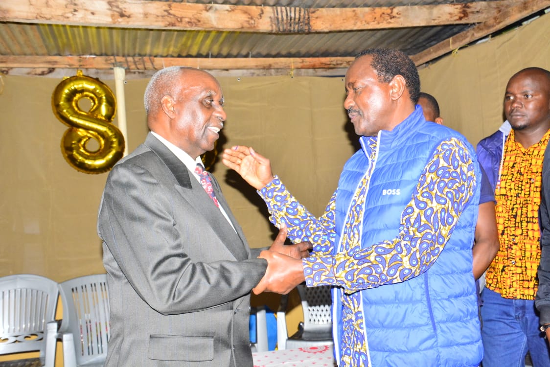 Wiper Leader Kalonzo Musyoka with his teacher Dickson Ireri Kathambaria during his birthday celebration in Embu on Saturday, August 17, 2024. PHOTO/@skmusyoka/X