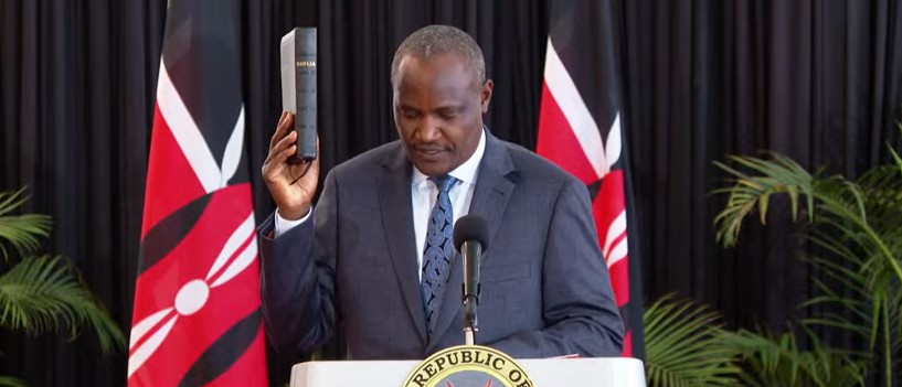 Treasury Cabinet Secretary John Mbadi taking the oath of office at State House on Thursday August 8, 2024. PHOTO/ Screengrab by K24 Digital