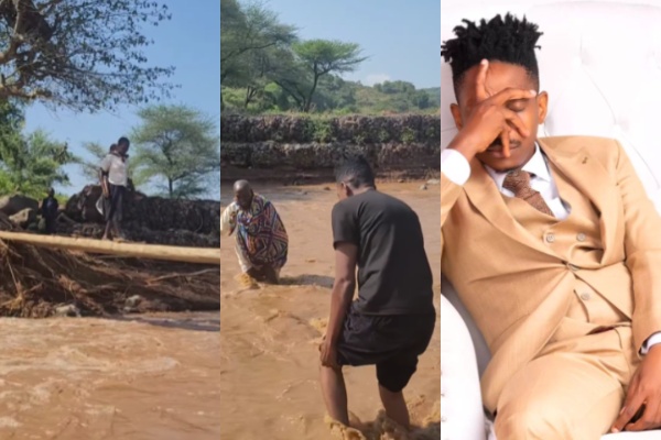 Photo collage of River Waseges Bridge in Baringo County and comedian Eric Omondi. PHOTOs/@ericomondi/Instagram