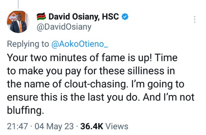 A screenshot of David Osiany's response to Maverick Aoko. PHOTO/Screengrab by K24 Digital