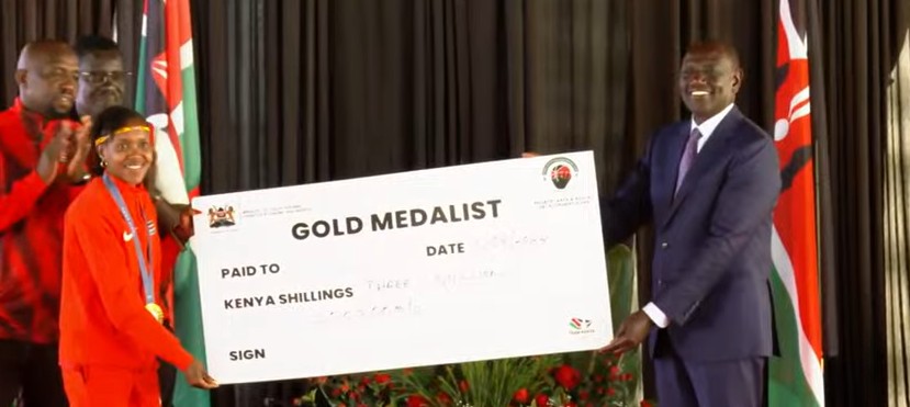 President William Ruto presenting cheques to the Paris Olympic games medalists on Thursday August 15, 2024. PHOTO/ Screengrab by K24 Digital