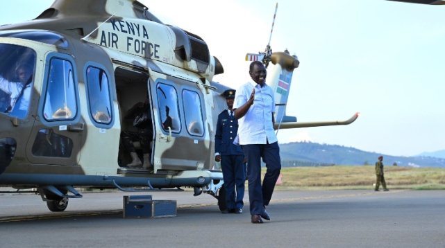 President William Ruto disembarks from the president chopper after landing at Kisumu International Airport on August 28, 2024. PHOTO/@AnyangNyongo/X