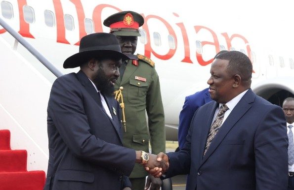 South Sudan President Salva Kiir Mayardit and Chairperson of EAC being welcomed at the airport ahead of AUC chair bid launch. PHOTO/@ForeignOfficeKE/X