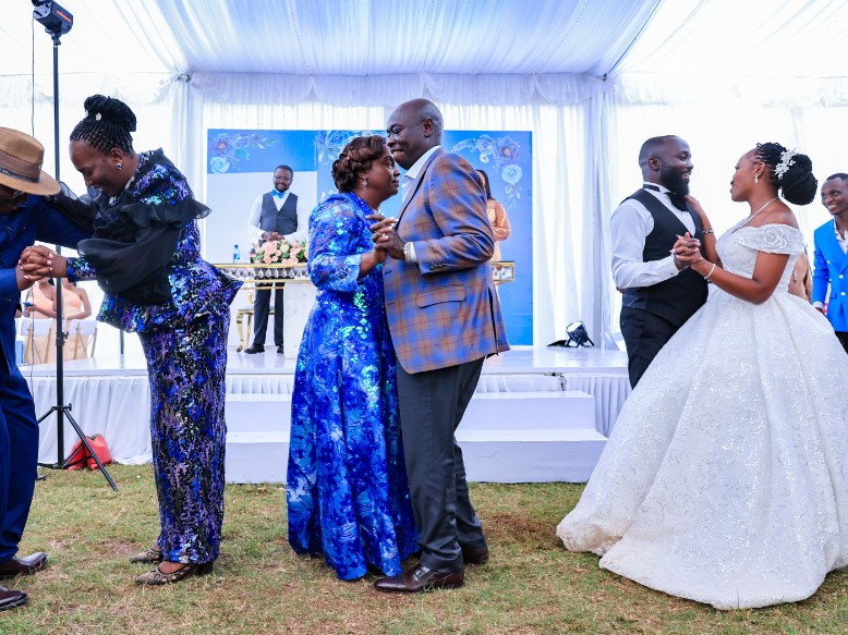 Deputy President Rigathi Gachagua and his spouse Pastor Dorcas dancing alongside newlyweds Shiru and Paul Wetosi. PHOTO/@rigathi/X