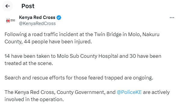 Statement issued by Kenya Réd Cróss on the Twin Bridge accident on Saturday, August 24, 2024. PHOTO/Screengrab by K24 Digital/@KenyaRedCross/X