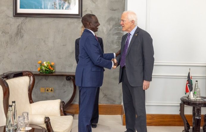 President William Ruto shakes hands with Texas Senator John Cornyn during a visit at the State House in Nairobi on August 5, 2024. PHOTO/@WilliamsRuto/X