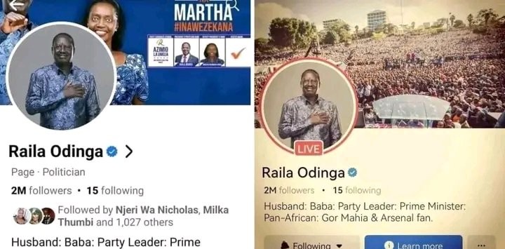 A screengrab of Raila Odinga’s Facebook page’s old profile photo and the new edit. PHOTO/Screengrab by K24 Digital
