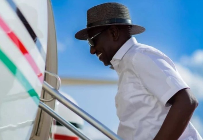 President William Ruto boarding a jet as he departs Kenya in a past international trip.