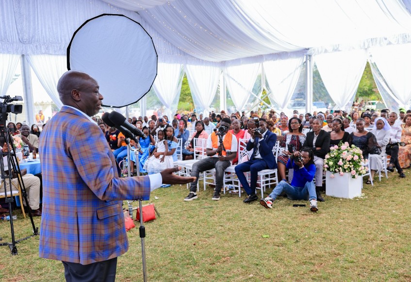 Deputy President Rigathi Gachagua addressing guests at MP George Koimburi's daughter Shiru's wedding. PHOTO/@rigathi/X