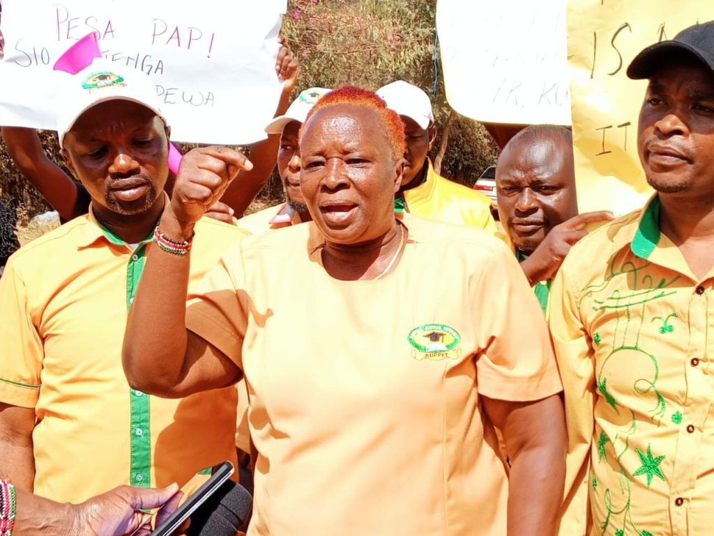 Rose Kiiru, the Kiambu KUPPET County Chairperson addresses journalists when she led teachers in flushing out their colleagues from Chania Girls High School. PHOTO/Oliver Musembi