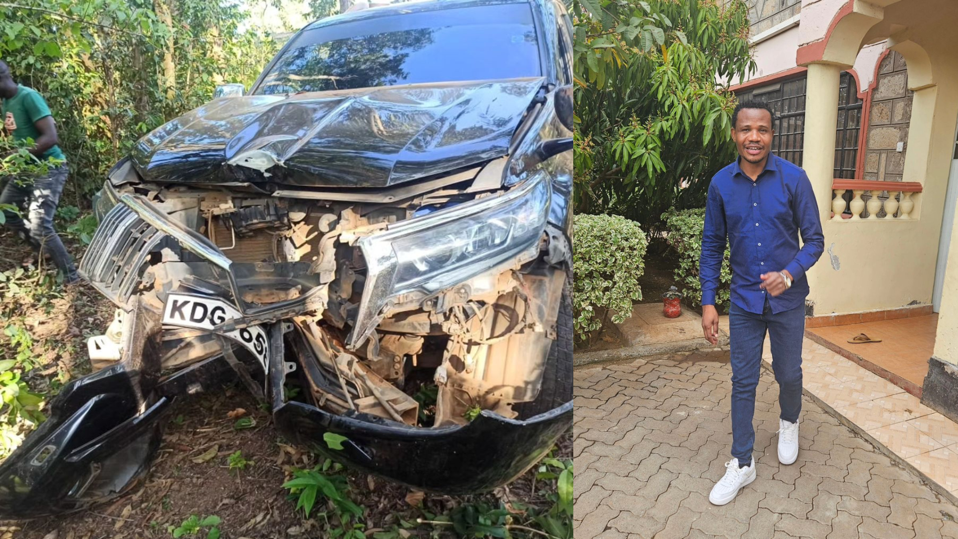 A collage of MP Salasya with the crashed car. PHOTO/@peter_salasya/Instagram