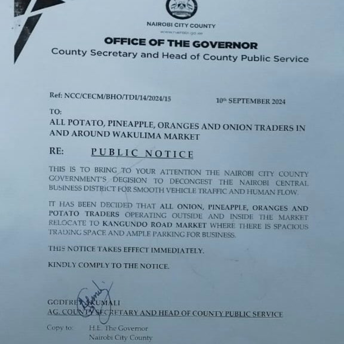 Nairobi County Government's eviction notice