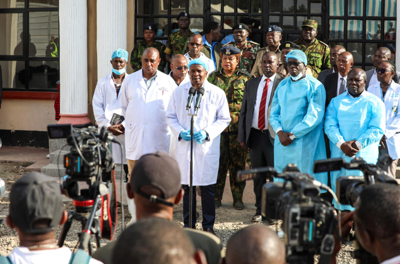 Interior CS Kithure Kindiki, Chief Government Pathologist Johansen Oduor at Narumoru Level 4 Hospital on Thursday, September 12, 2024. PHOTO/@KindikiKithure/X