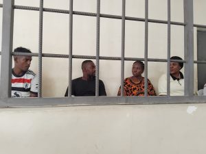 From left: Haji Babu, Ndau Mohammed, Abdul Hassan, Esther Muthoni alias Totoos, Violet Adera alias Vyaoo before the Shanzu Law Court. The suspects are facing several charges among them abduction, gang rape, conspiracy to commit a felony and assault. PHOTO/Sophie Njoka